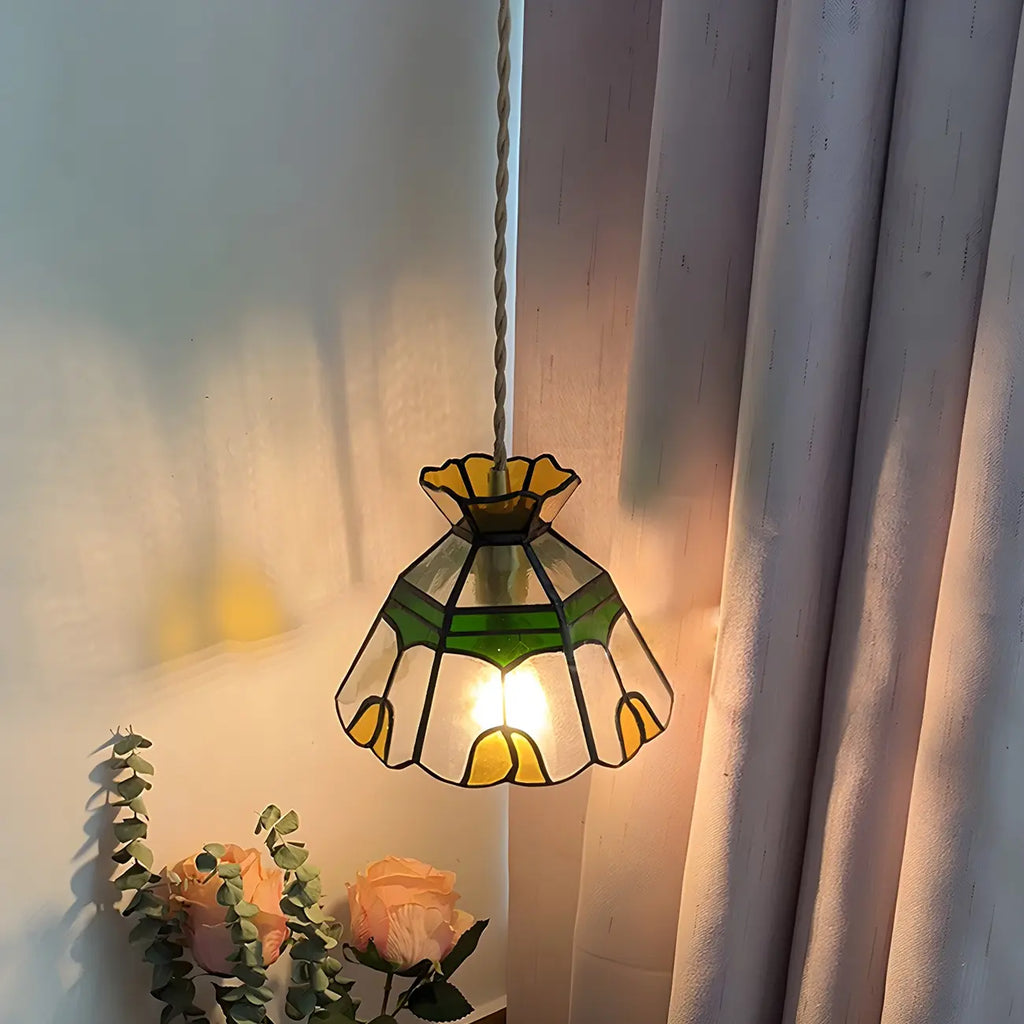 Floral Stained Glass Brass Pendant Light Adjustable Height