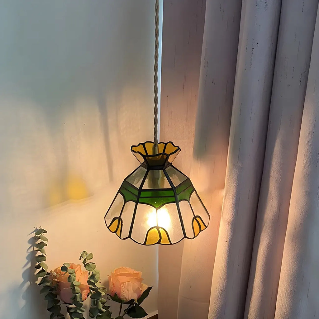 Floral Stained Glass Brass Pendant Light Adjustable Height