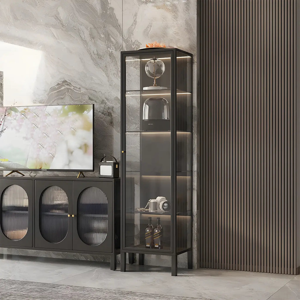 Elegant Modern Metal Black Glass Door Curio Cabinet