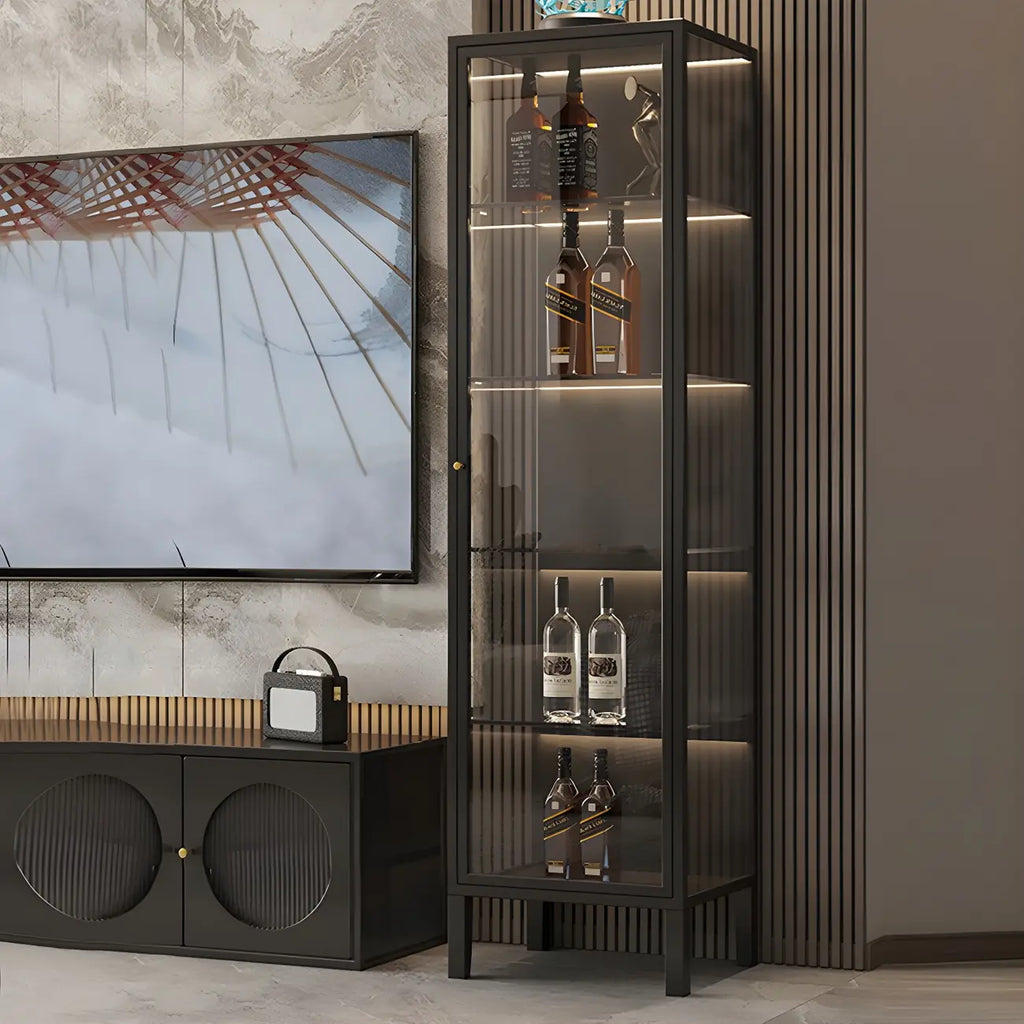 Elegant Modern Metal Black Glass Door Curio Cabinet