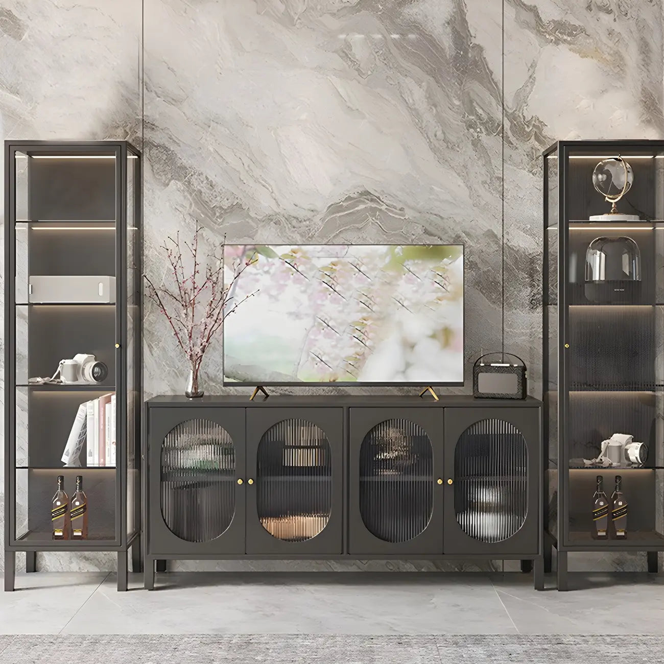 Elegant Modern Metal Black Glass Door Curio Cabinet