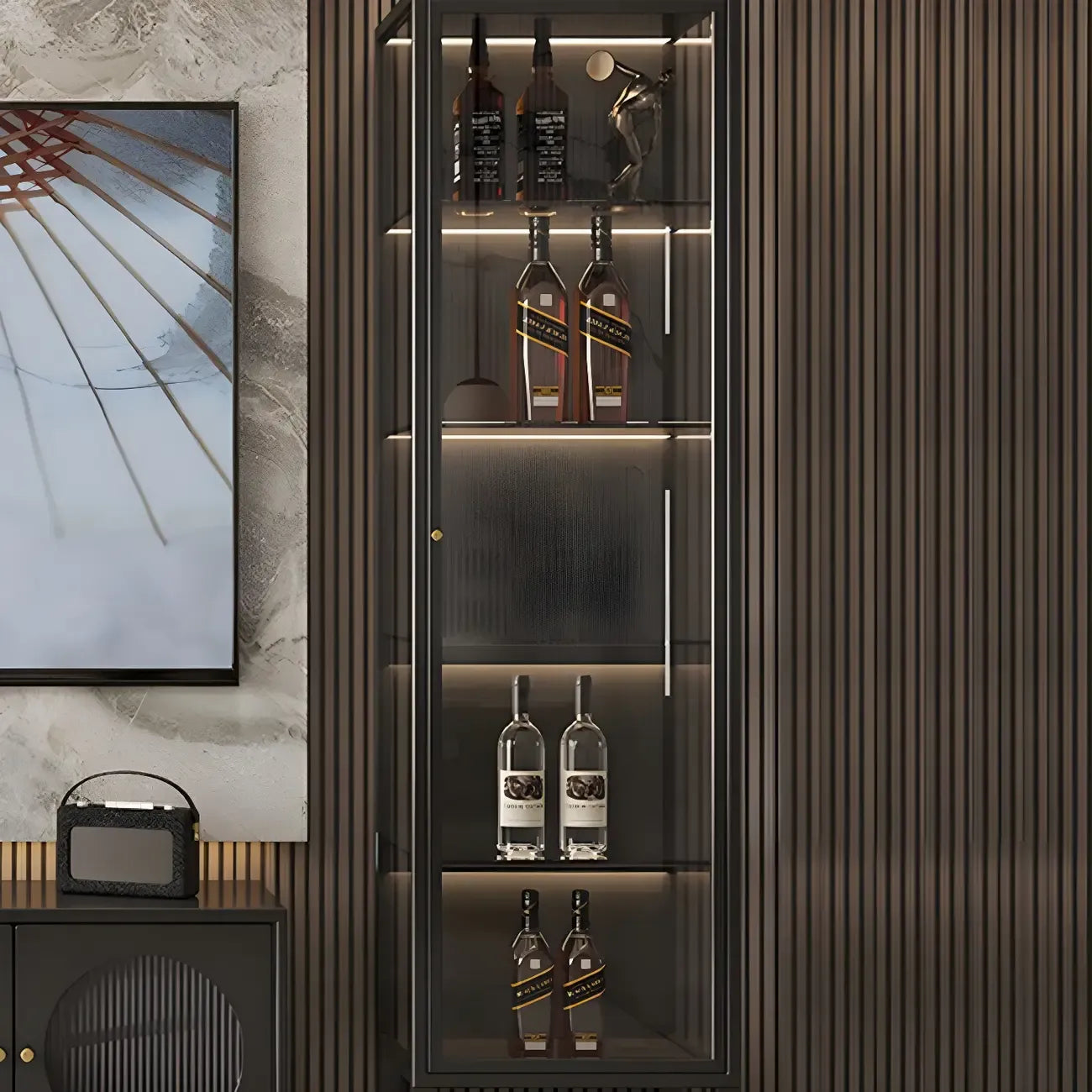 Elegant Modern Metal Black Glass Door Curio Cabinet