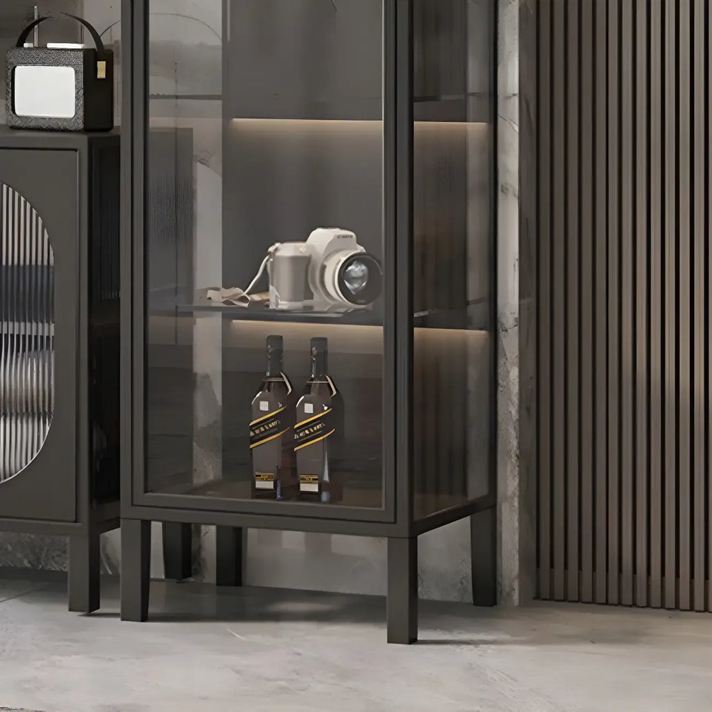 Elegant Modern Metal Black Glass Door Curio Cabinet