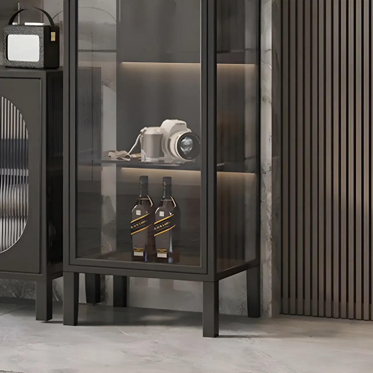 Elegant Modern Metal Black Glass Door Curio Cabinet