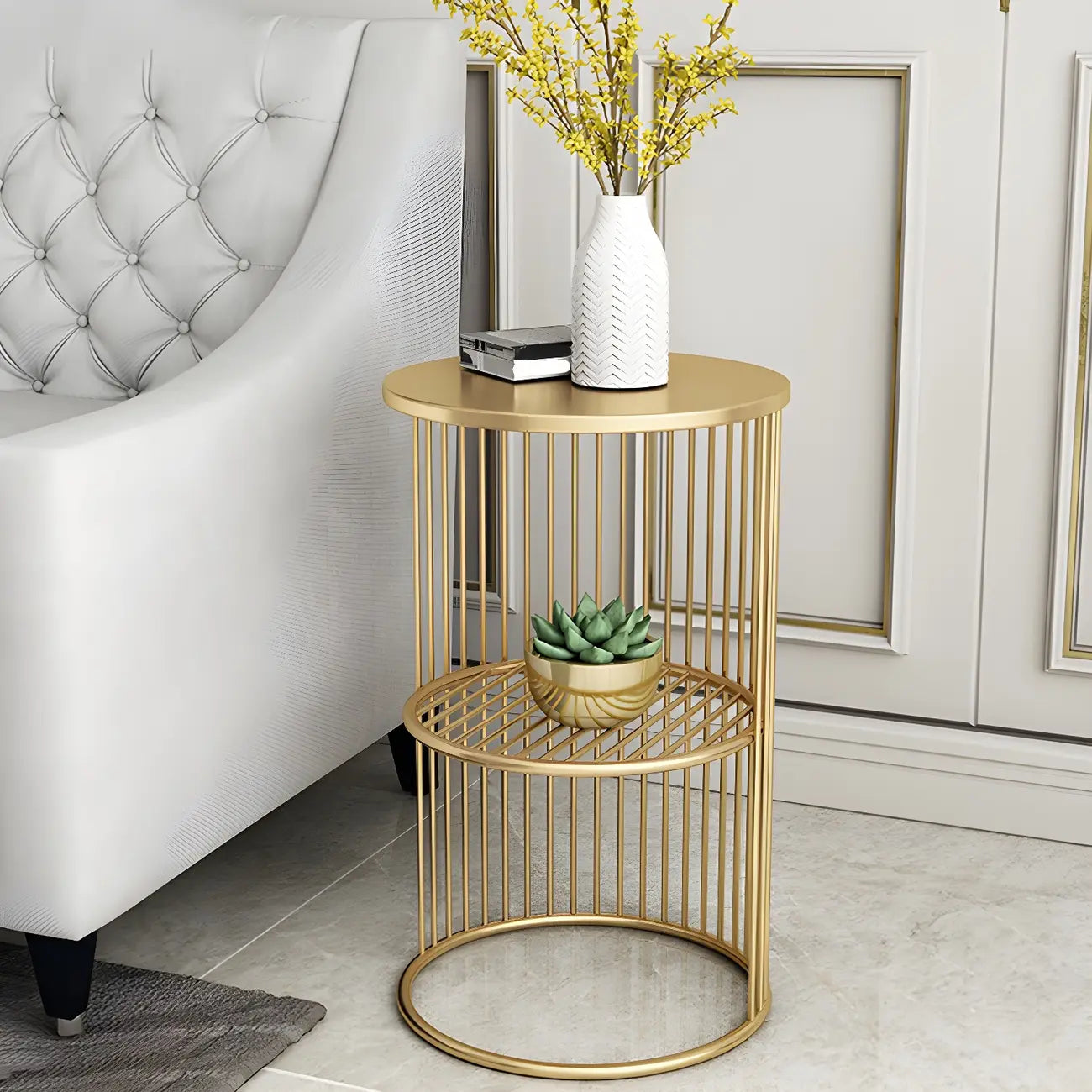 Round 2 Tiers Metal Frame Storage Side Tables Gold
