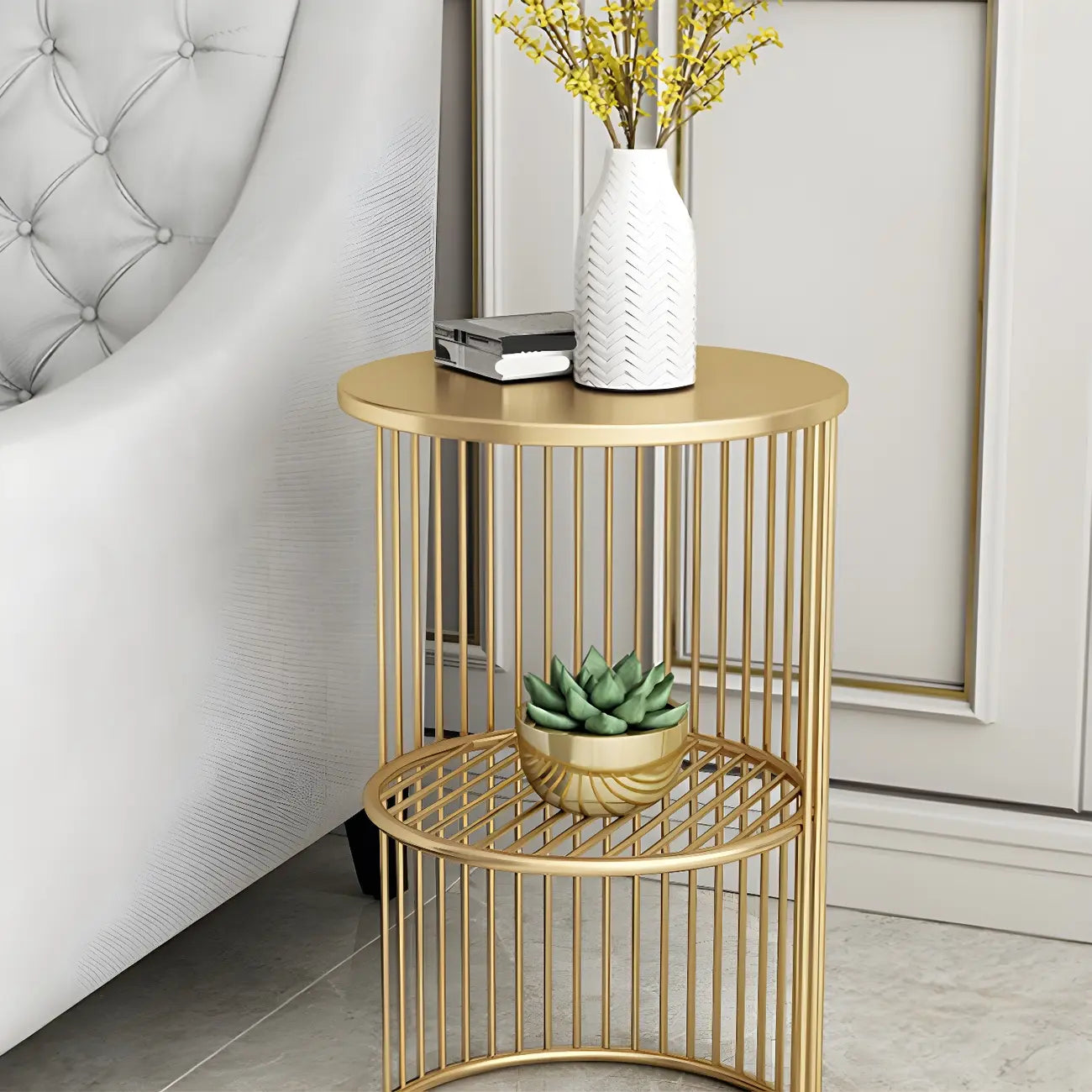 Round 2 Tiers Metal Frame Storage Side Tables Gold