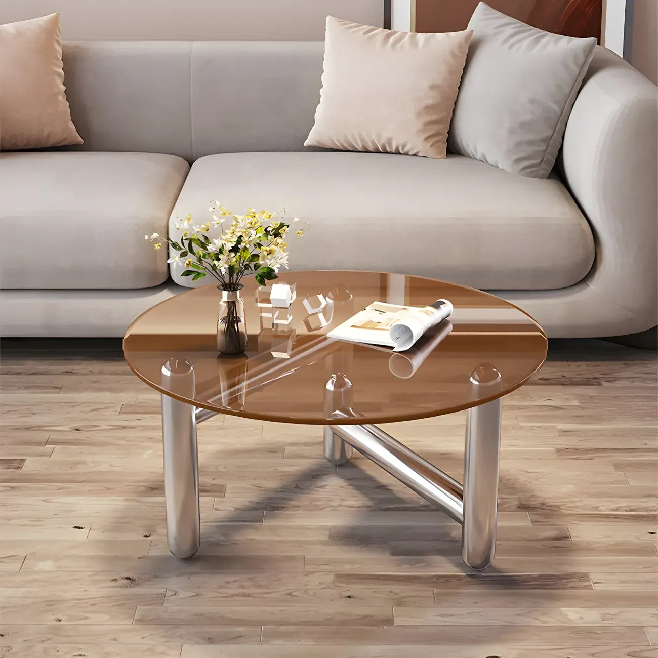 Round Glass Top Coffee Table with Stainless Steel Base
