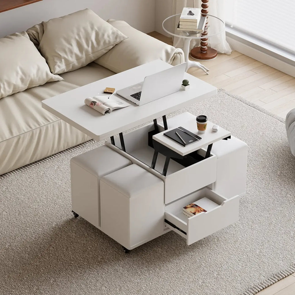 Foldable Lift-Top Coffee Table with 4 Stools & Storage