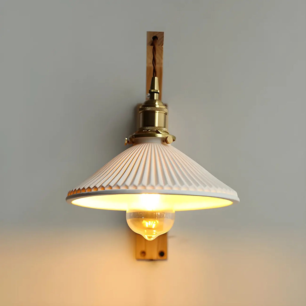 Rustic Wood Brass White Adjustable Swing Arm Wall Light