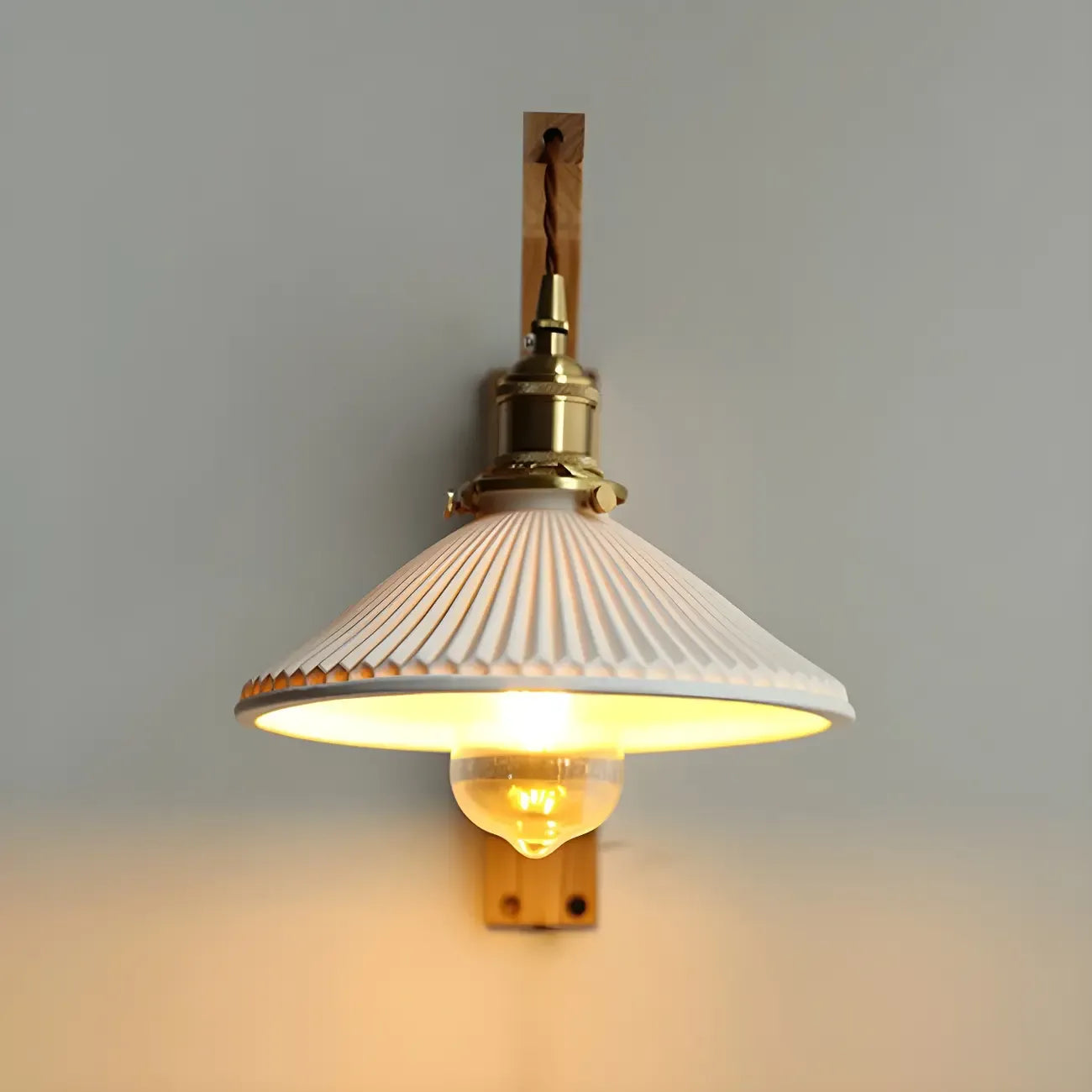 Rustic Wood Brass White Adjustable Swing Arm Wall Light