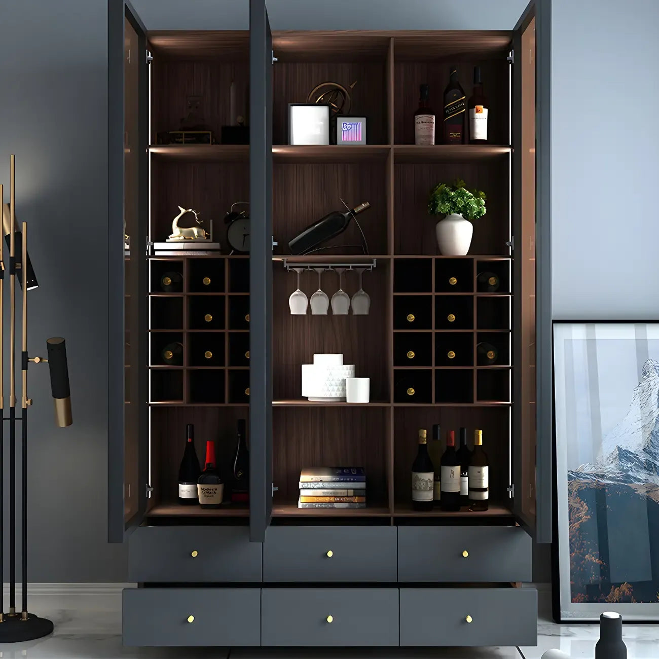 Amber Glass Door Wood Display Cabinet with Wine Storage