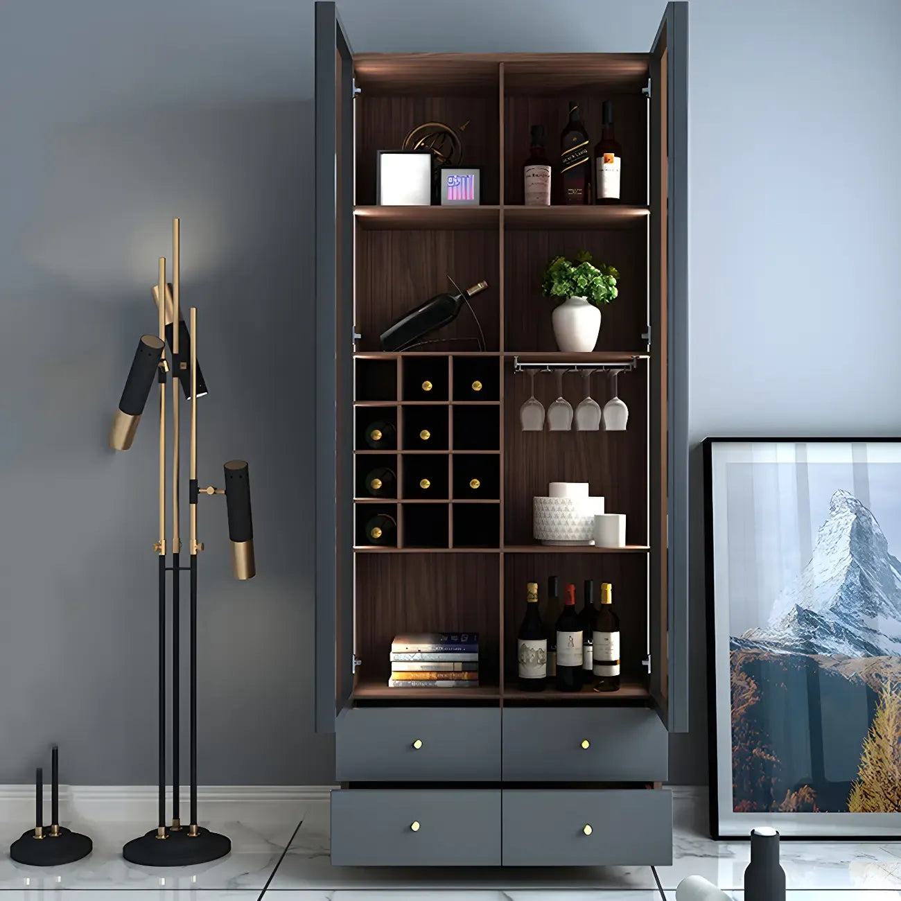 Amber Glass Door Wood Display Cabinet with Wine Storage