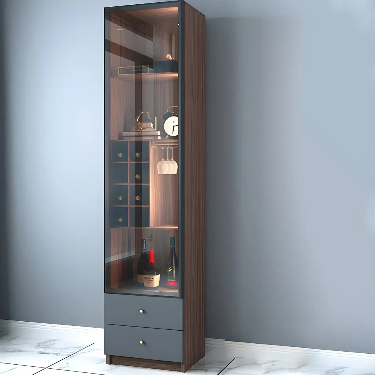 Amber Glass Door Wood Display Cabinet with Wine Storage