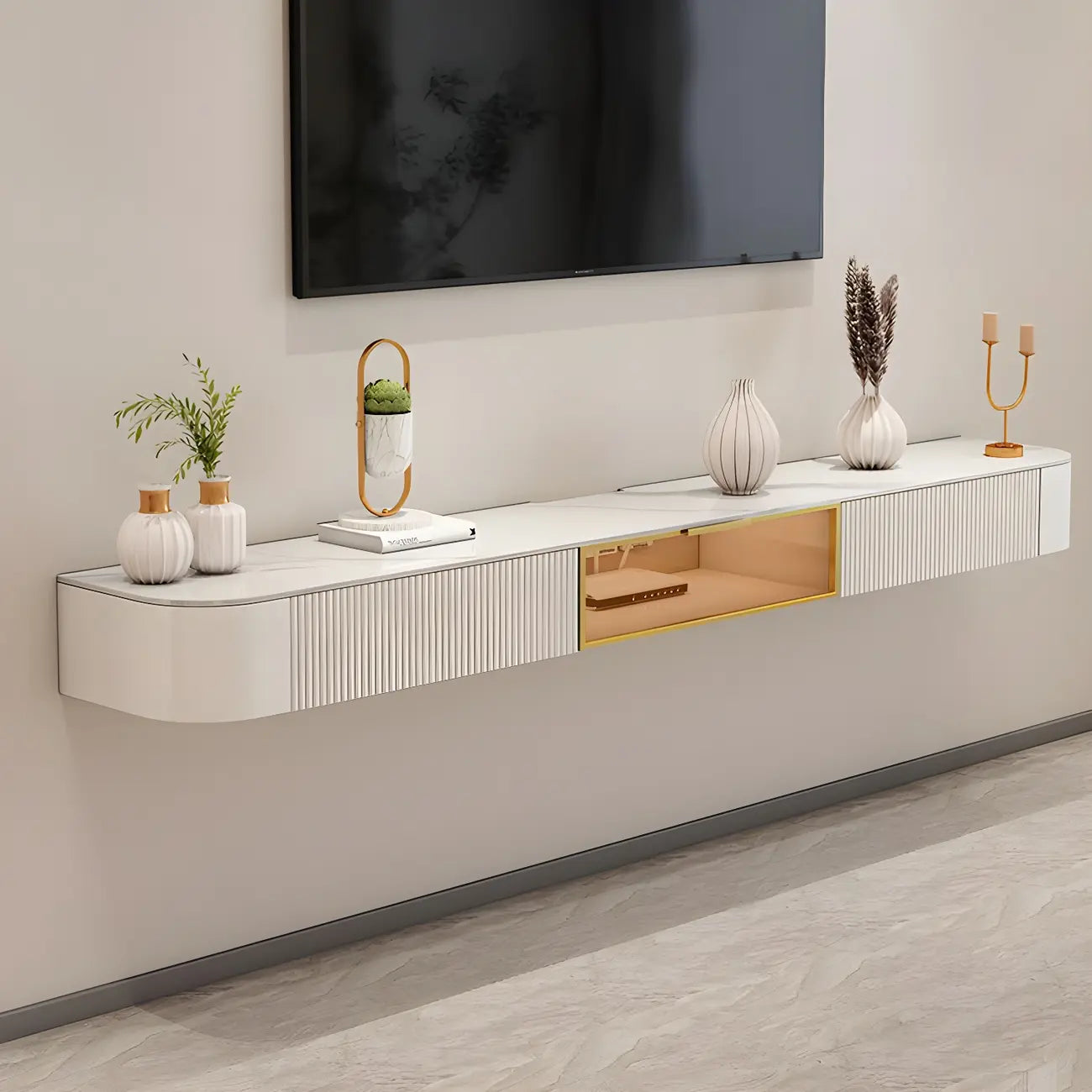79 White Stone Floating TV Stand with Drawer & Cabinet