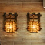 Cylinder Rattan Wood Outdoor Wall Sconce