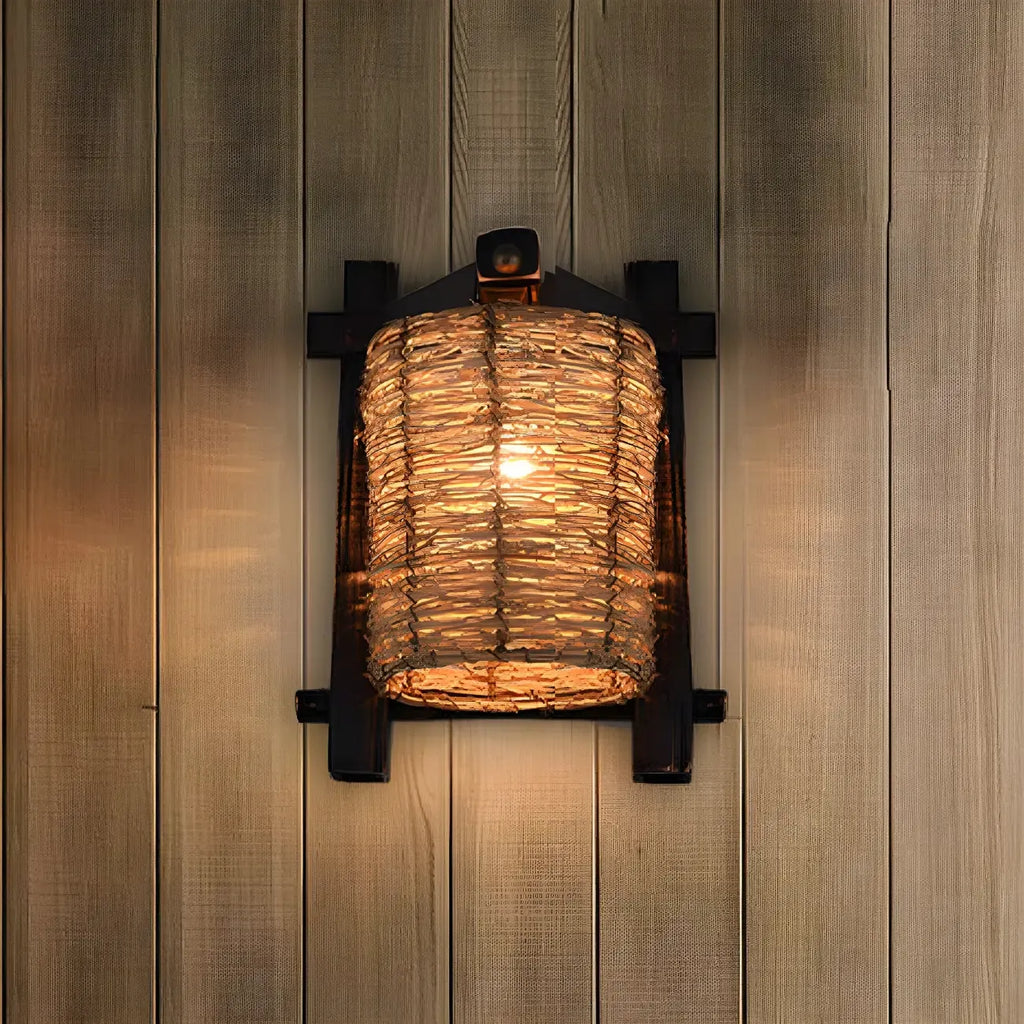 Cylinder Rattan Wood Outdoor Wall Sconce