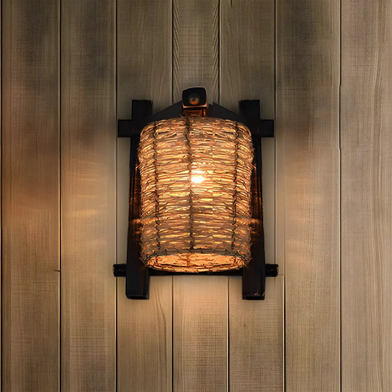 Cylinder Rattan Wood Outdoor Wall Sconce