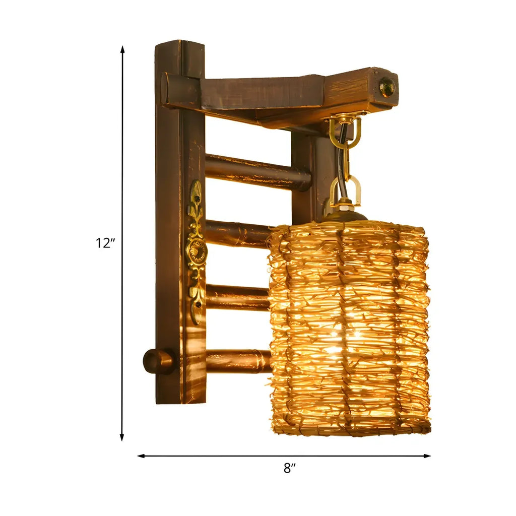 Cylinder Rattan Wood Outdoor Wall Sconce
