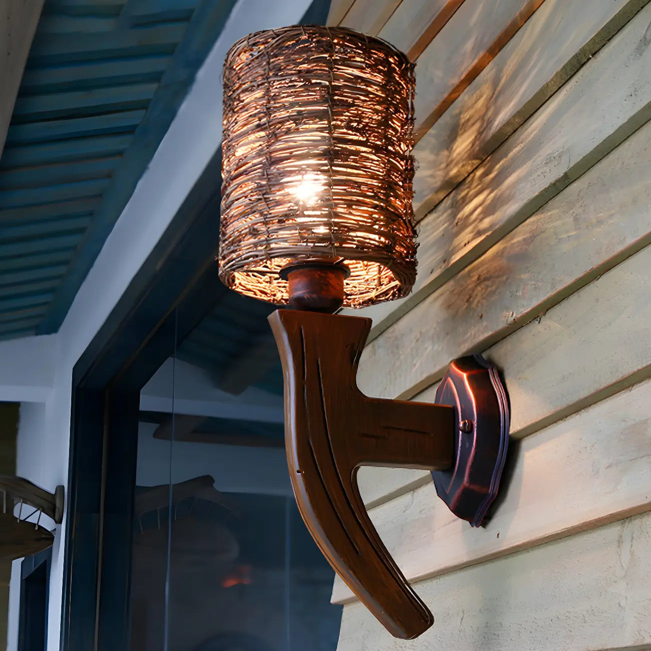 Cylinder Rattan Wood Outdoor Wall Sconce
