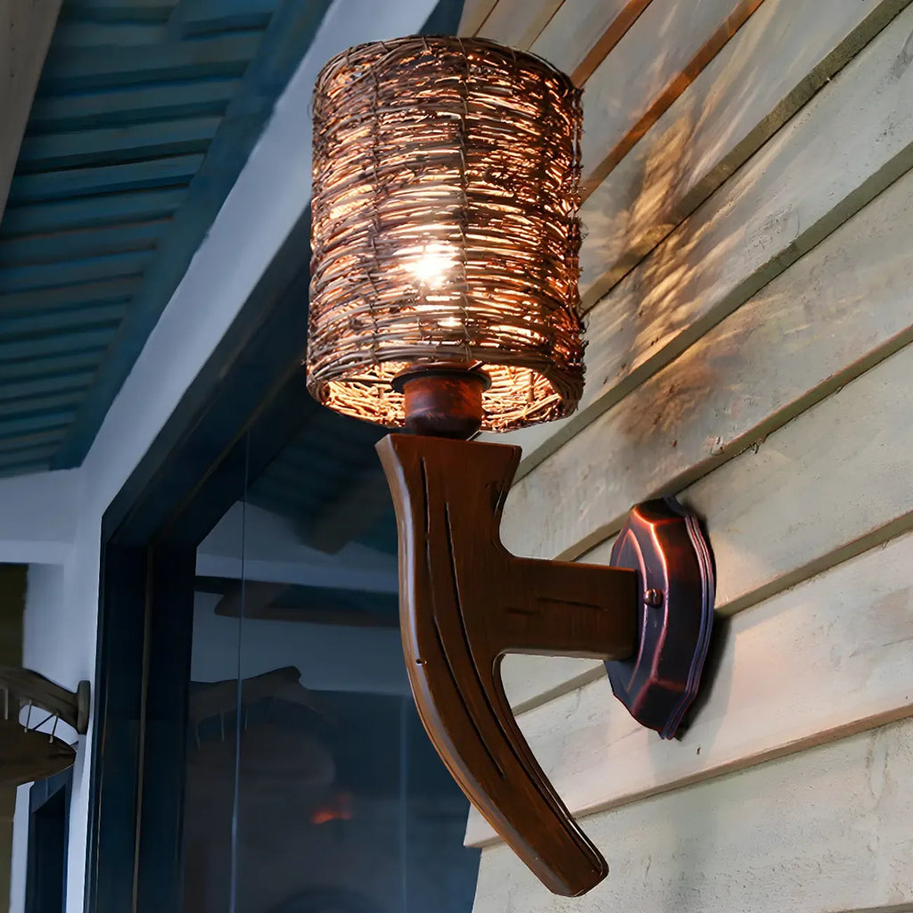 Cylinder Rattan Wood Outdoor Wall Sconce