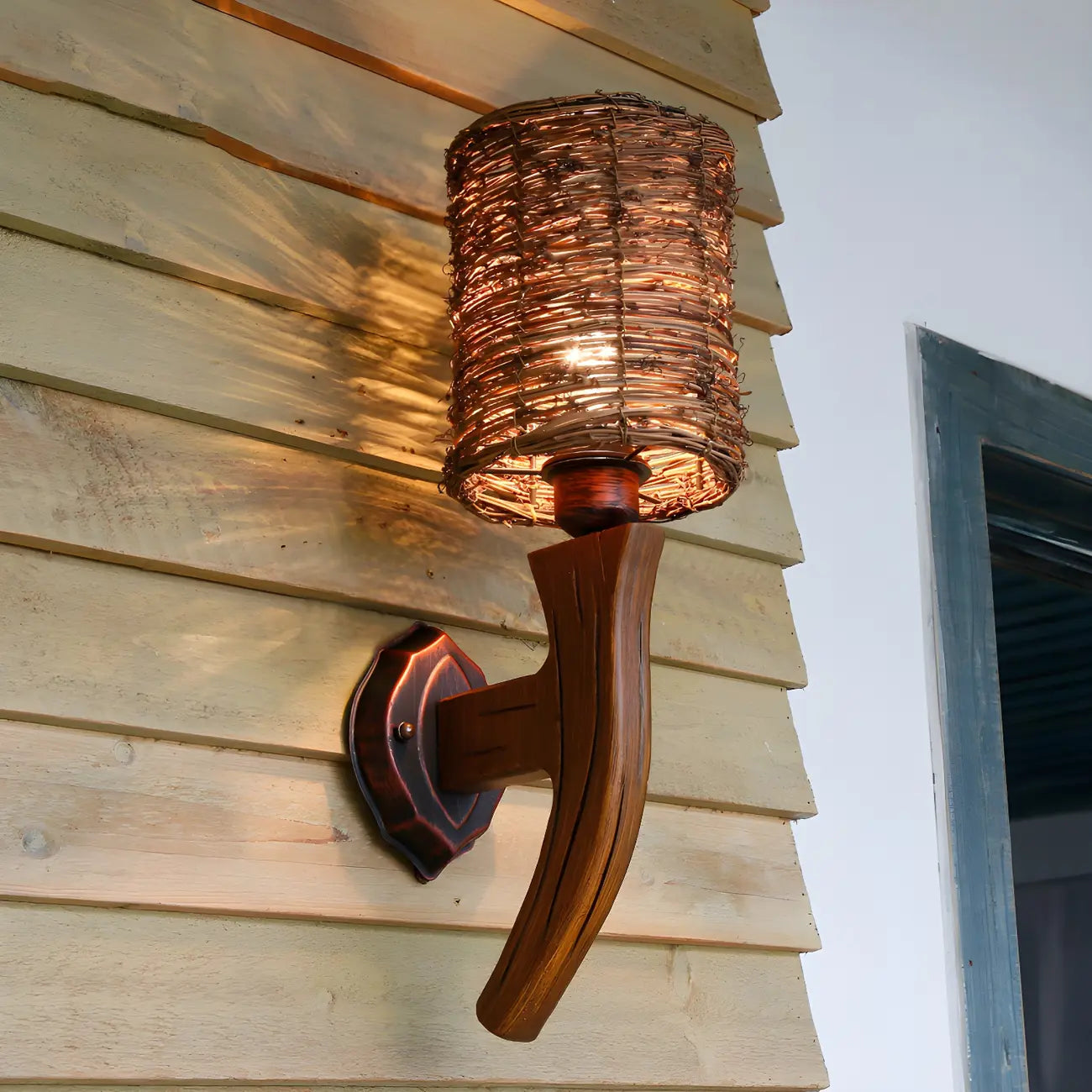 Cylinder Rattan Wood Outdoor Wall Sconce