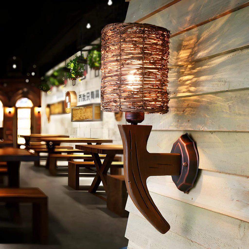 Cylinder Rattan Wood Outdoor Wall Sconce