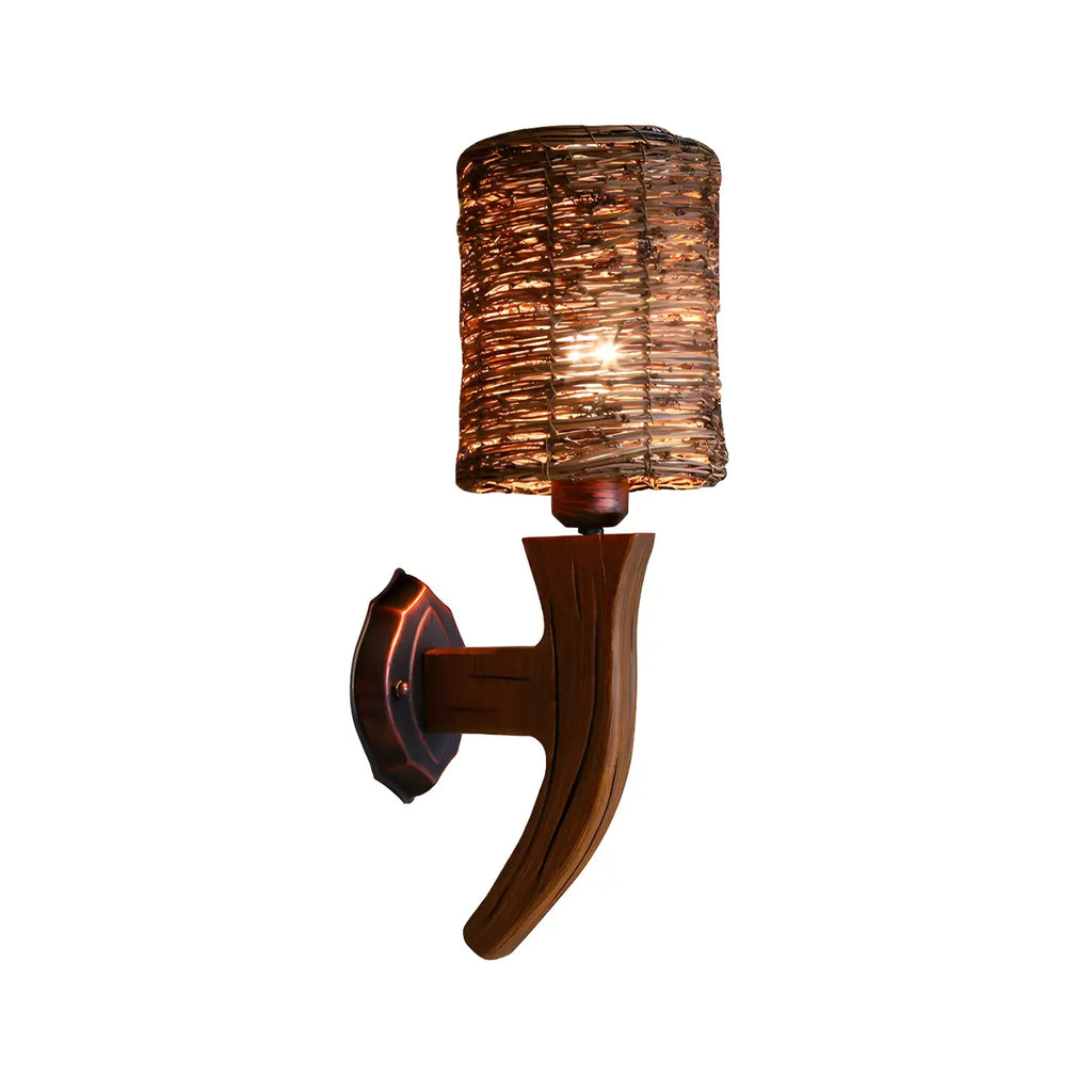 Cylinder Rattan Wood Outdoor Wall Sconce