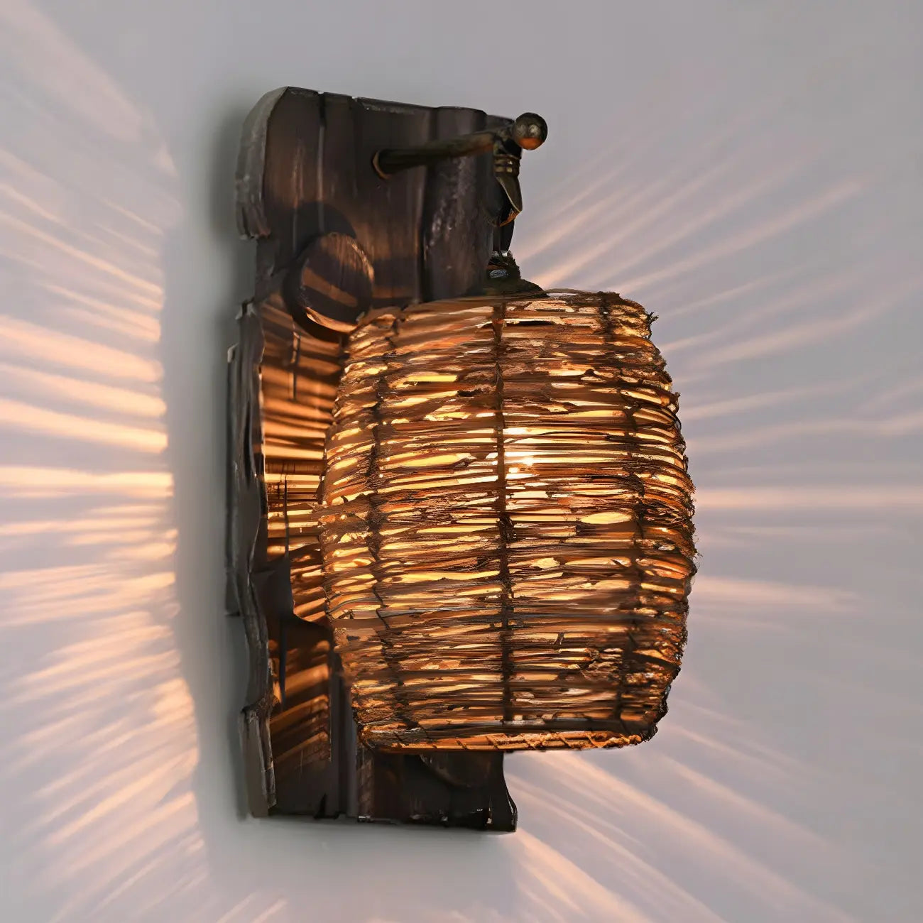 Cylinder Rattan Wood Outdoor Wall Sconce