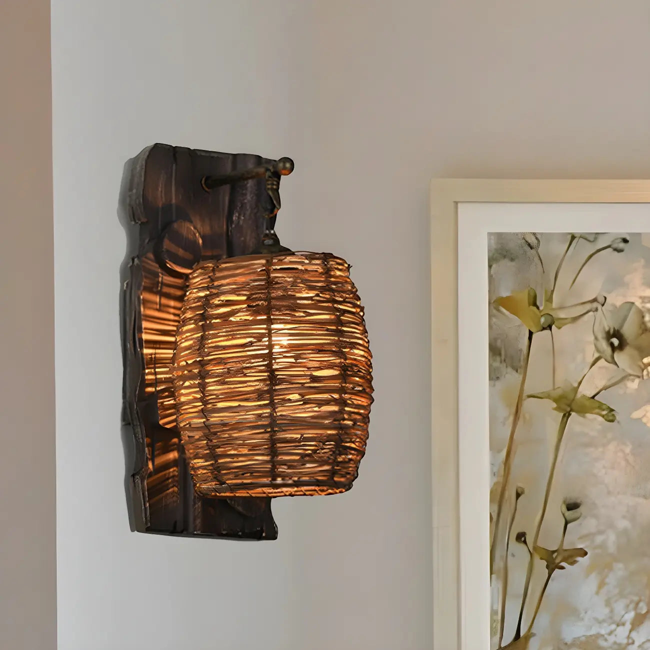Cylinder Rattan Wood Outdoor Wall Sconce