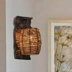 Cylinder Rattan Wood Outdoor Wall Sconce
