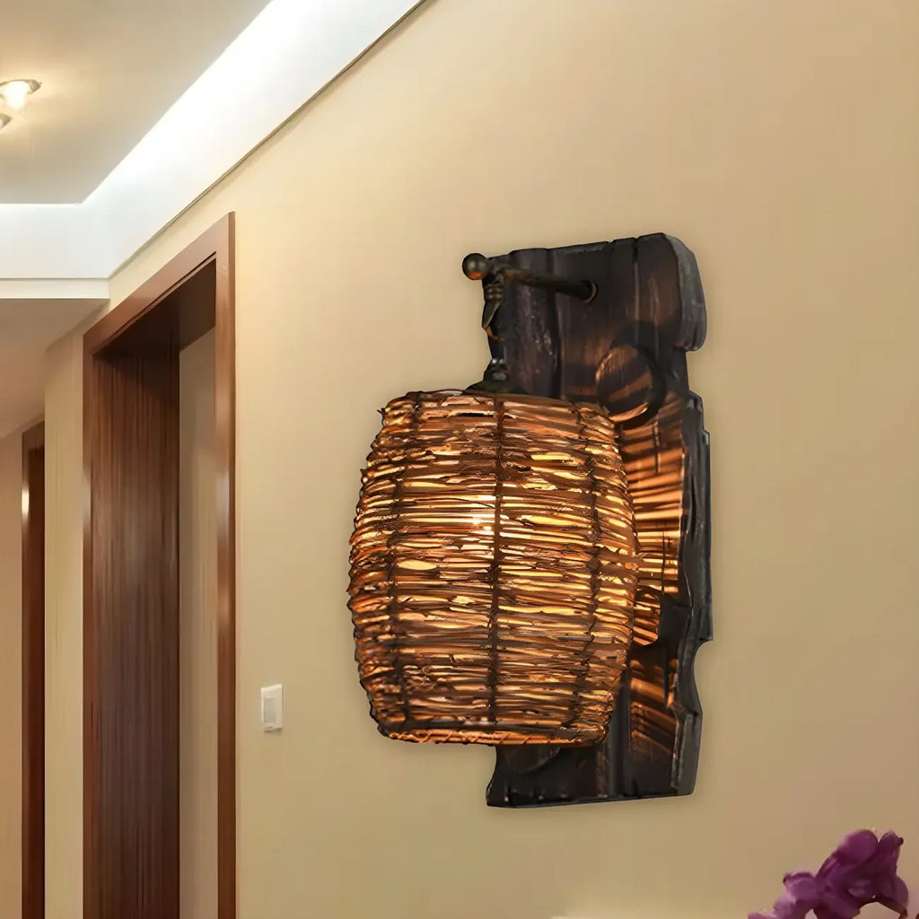 Cylinder Rattan Wood Outdoor Wall Sconce
