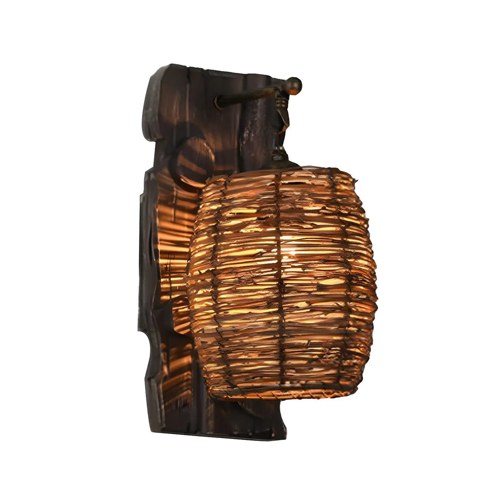 Cylinder Rattan Wood Outdoor Wall Sconce