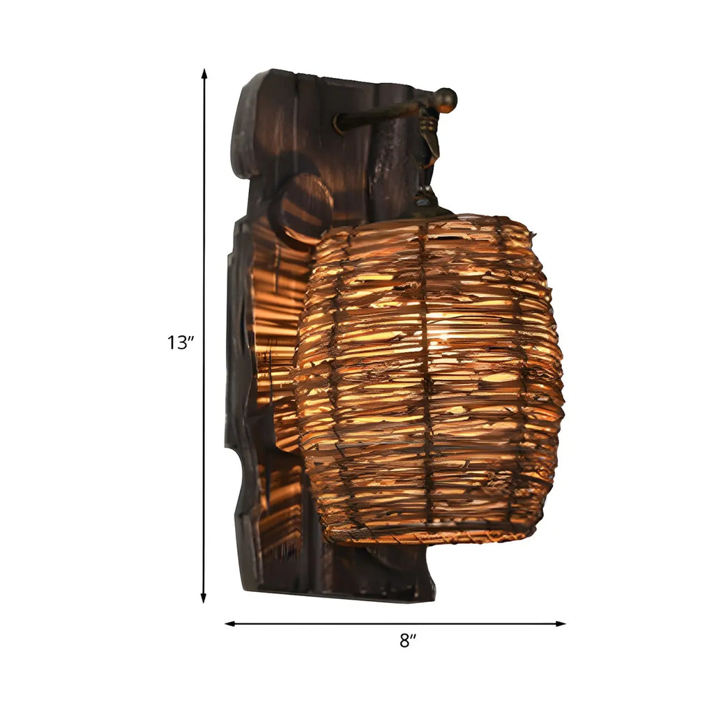 Cylinder Rattan Wood Outdoor Wall Sconce