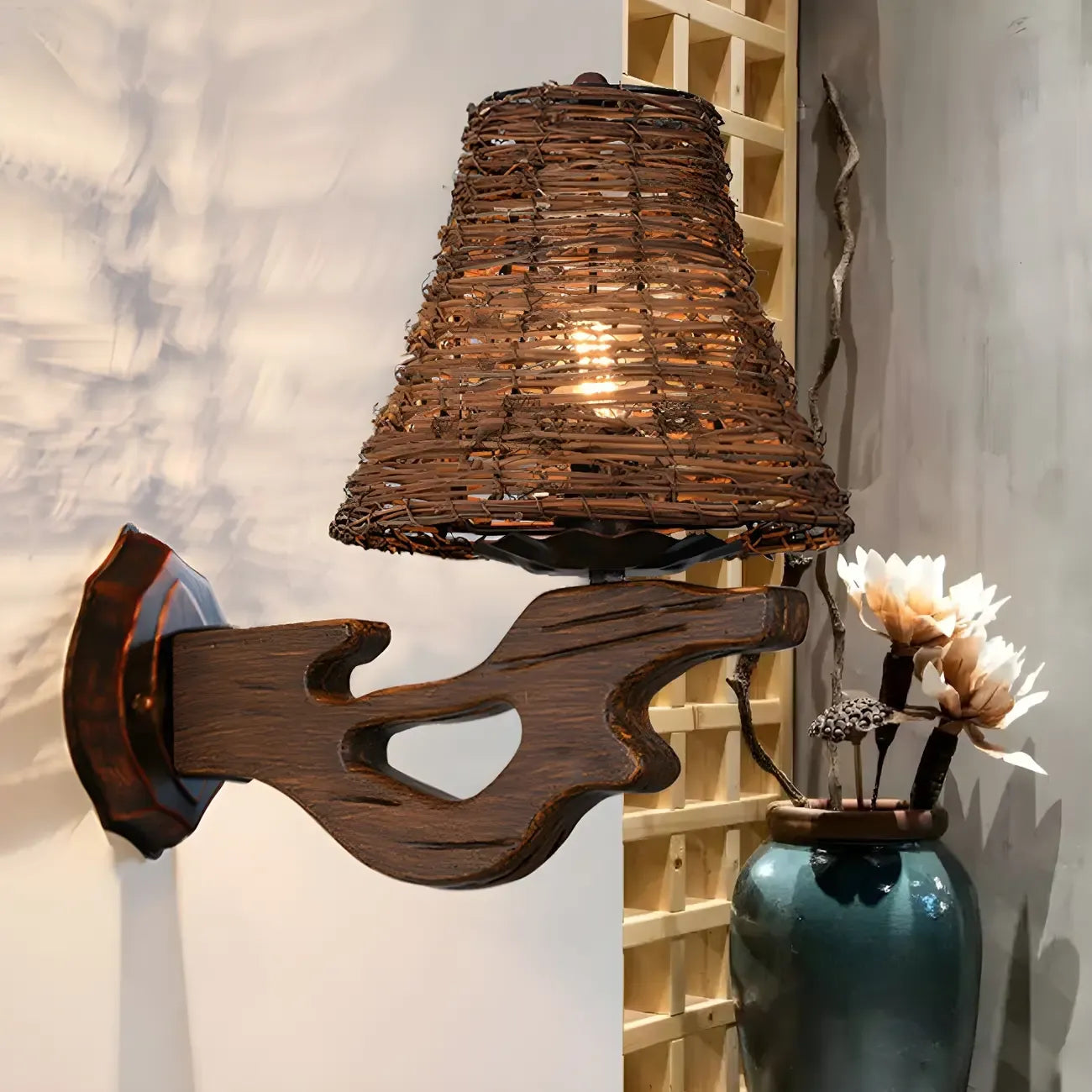 Cylinder Rattan Wood Outdoor Wall Sconce