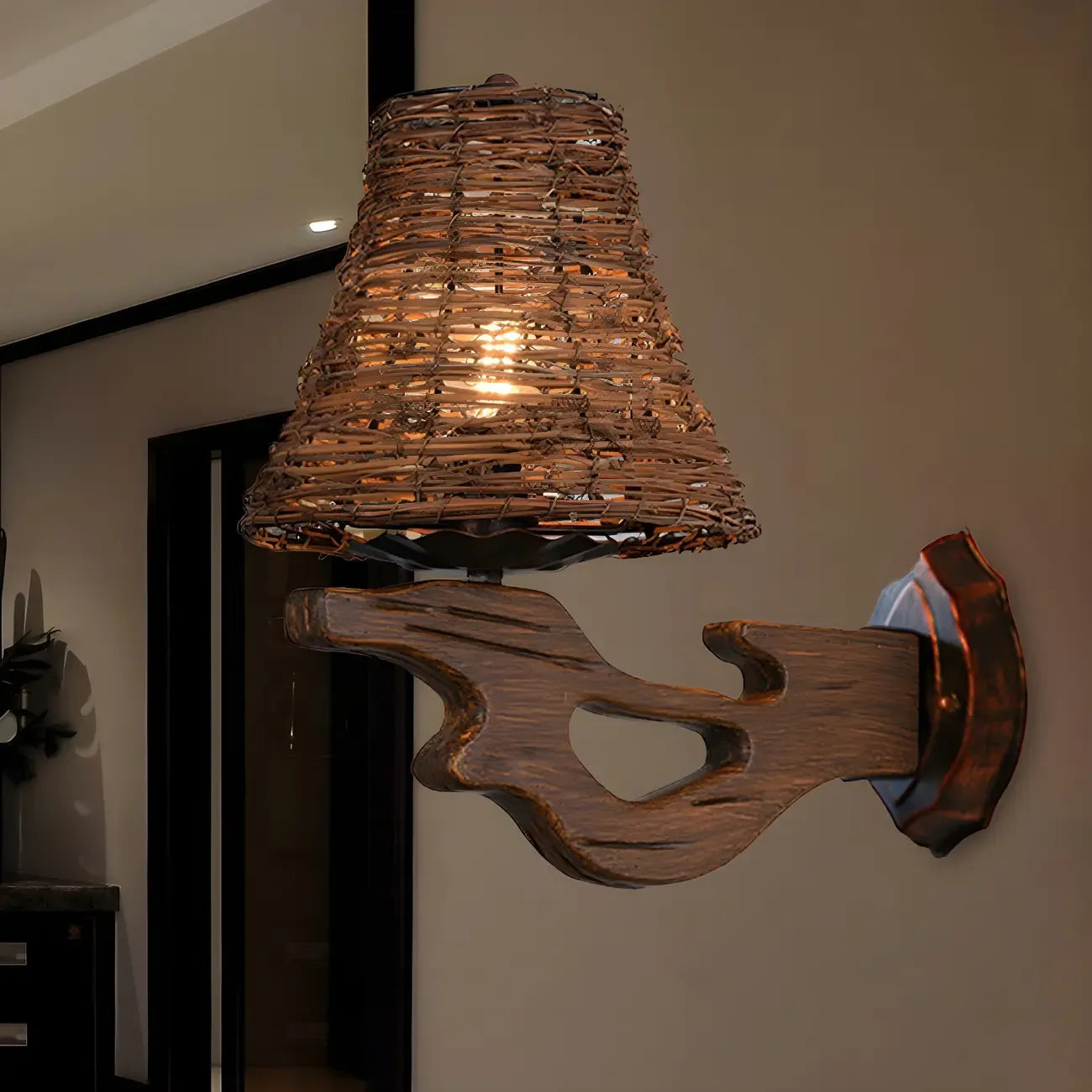 Cylinder Rattan Wood Outdoor Wall Sconce