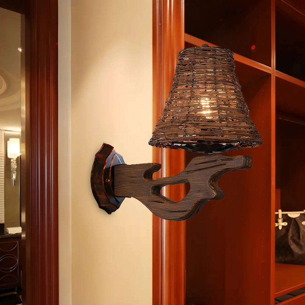 Cylinder Rattan Wood Outdoor Wall Sconce