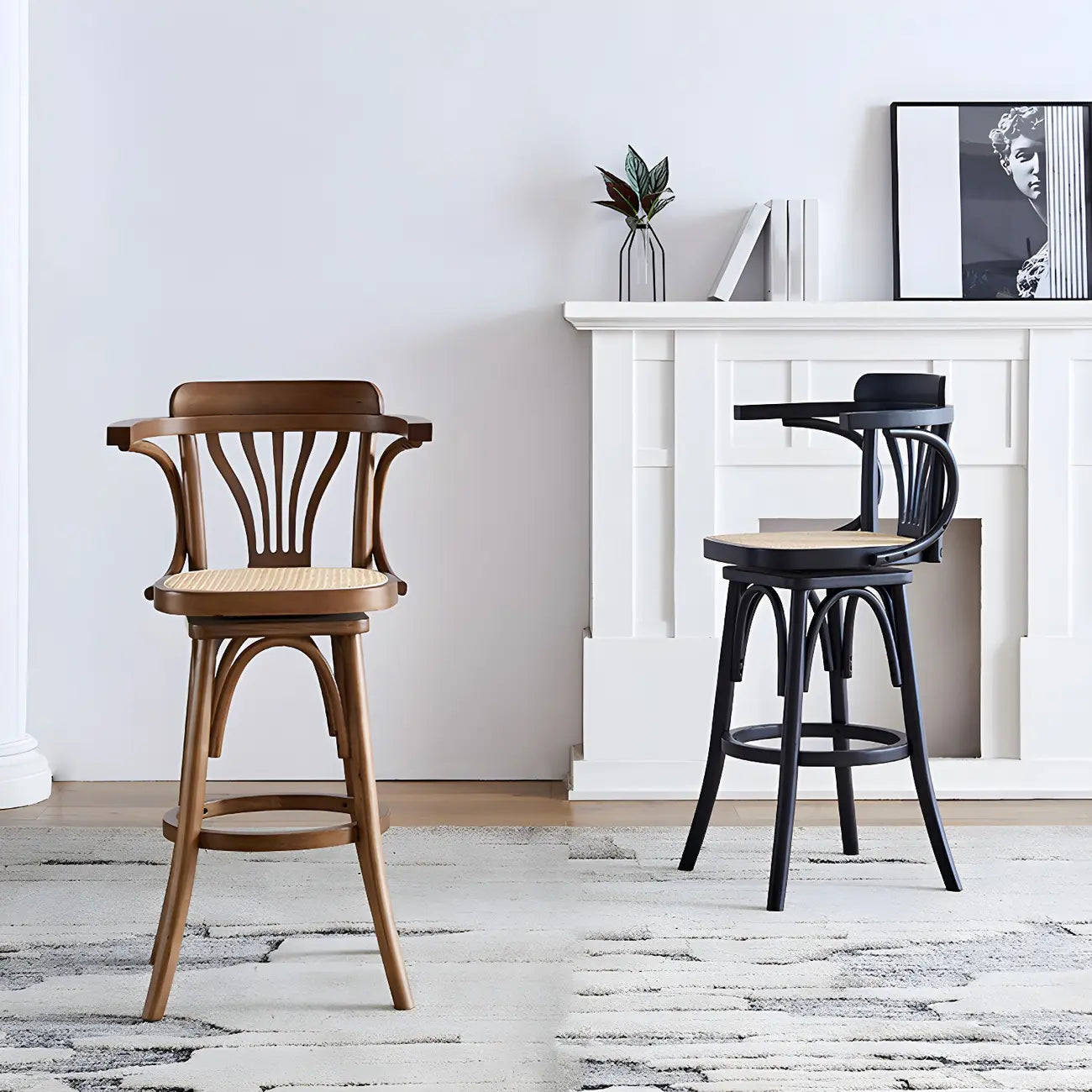Timeless Square Rattan Wood Low Back Bar Stool in Brown/ Black