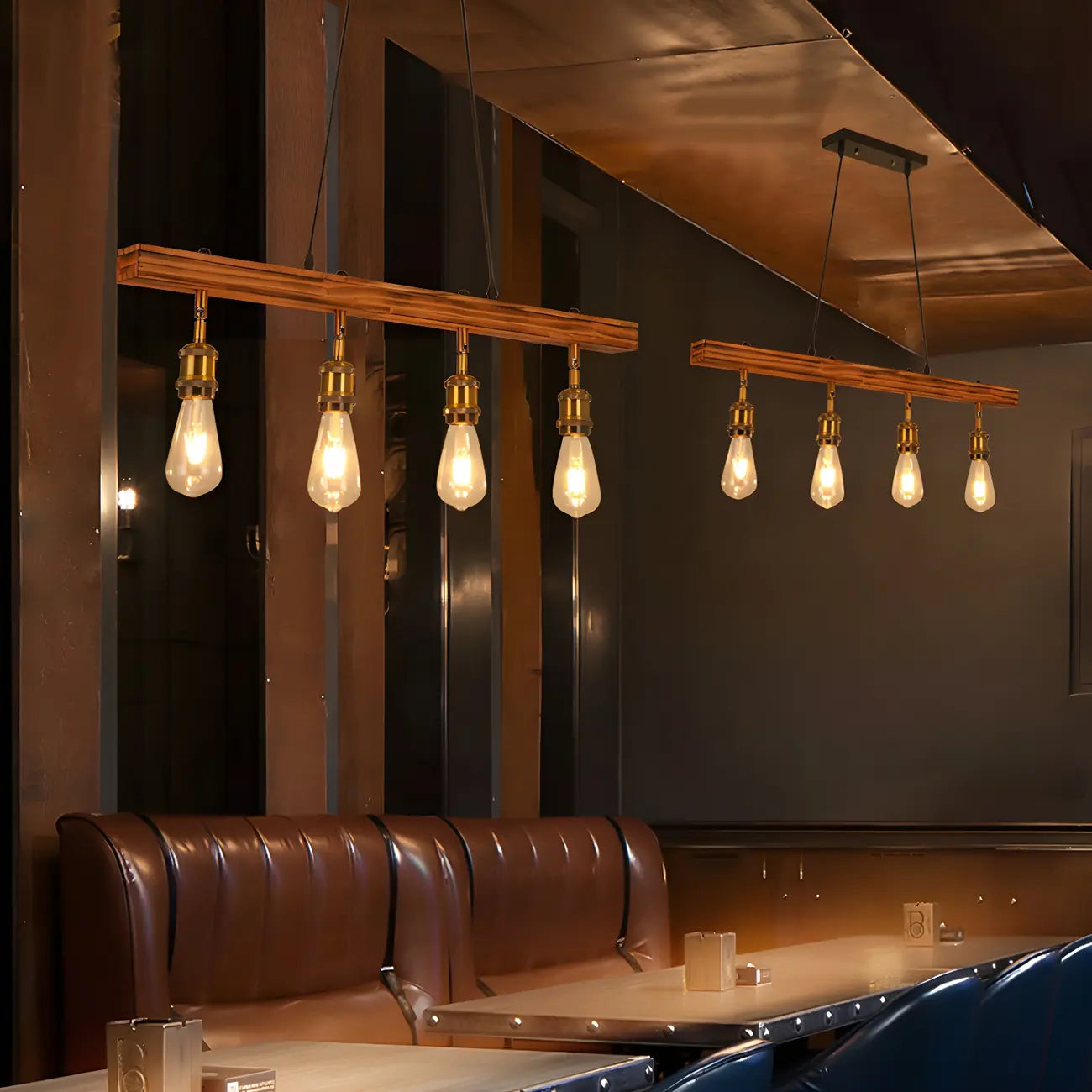 Industrial Brown Wood Brass Adjustable 31.5 Pendant Light