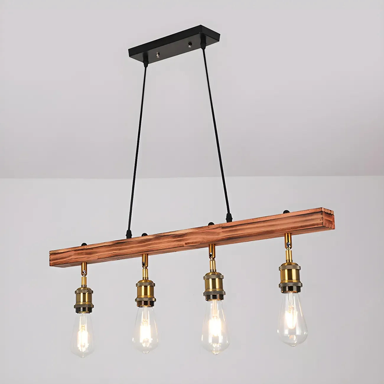 Industrial Brown Wood Brass Adjustable 31.5 Pendant Light