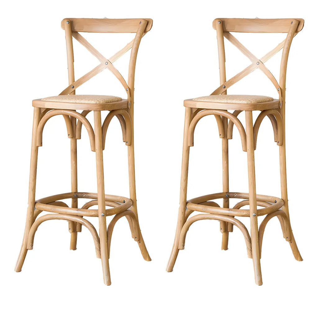 Rustic Solid Wood Wicker Cross Back Bar Stool in Brown/ Grey