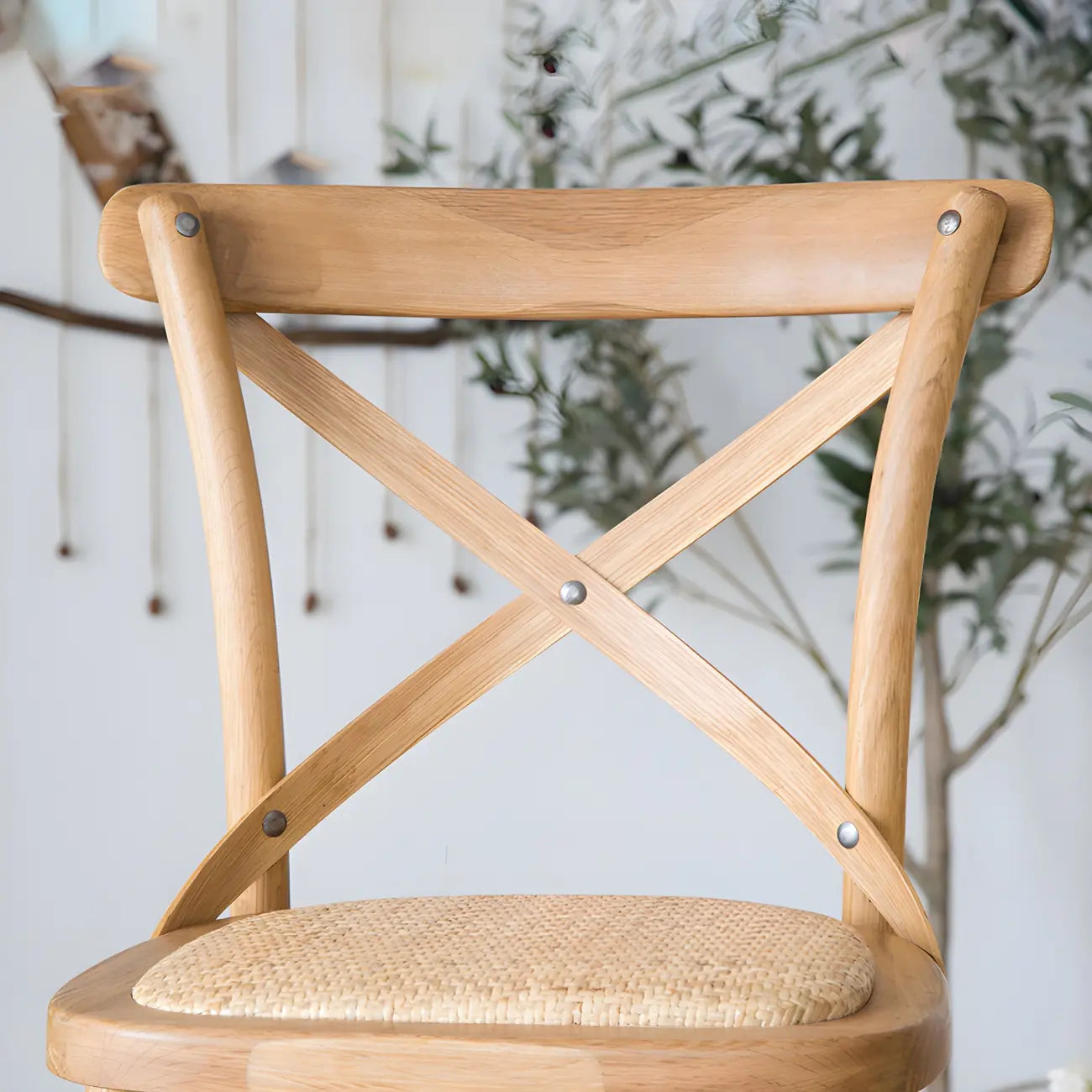 Rustic Solid Wood Wicker Cross Back Bar Stool in Brown/ Grey