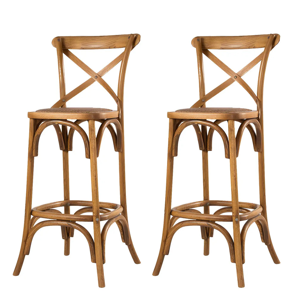 Rustic Solid Wood Wicker Cross Back Bar Stool in Brown/ Grey