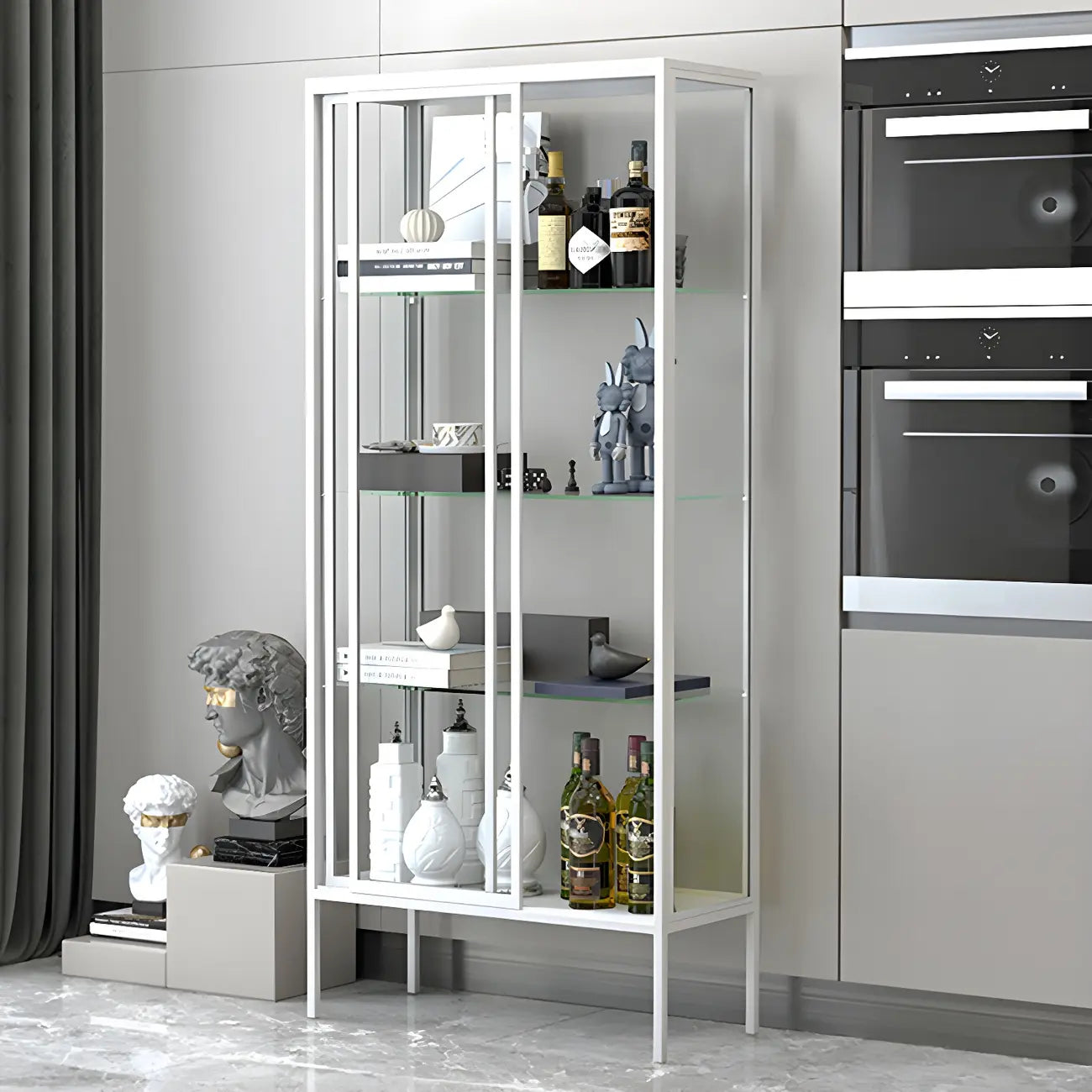Black Metal Frame Glass Shelves Curio Cabinet