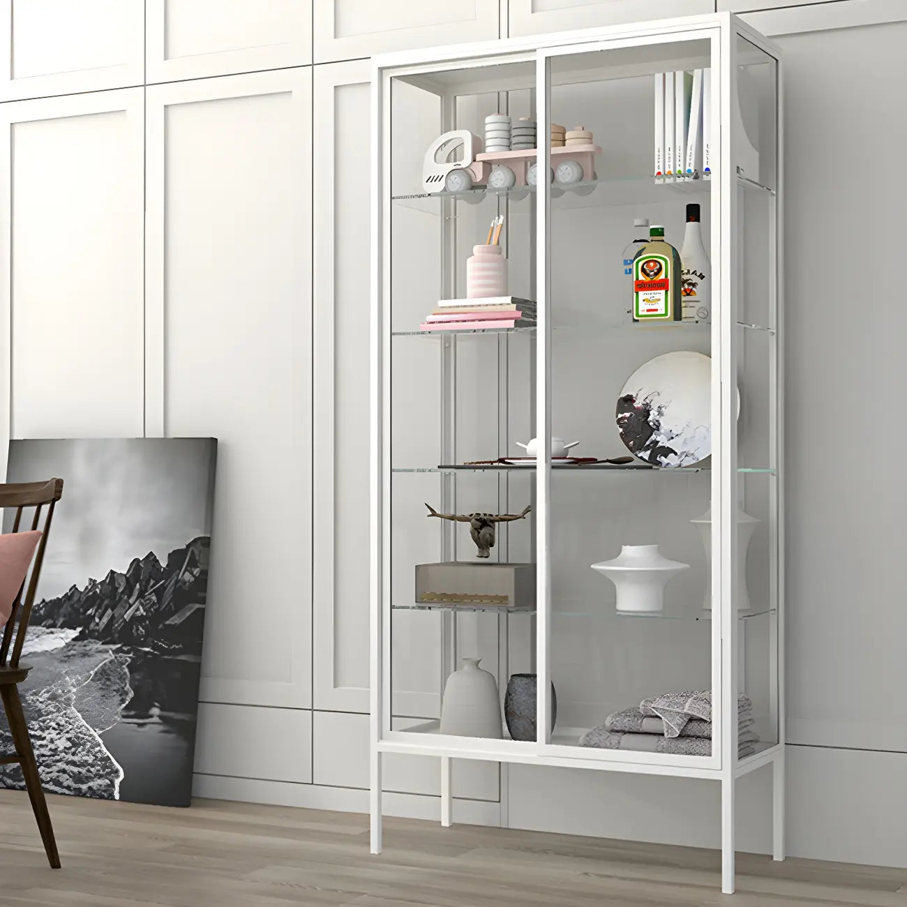 Black Metal Frame Glass Shelves Curio Cabinet