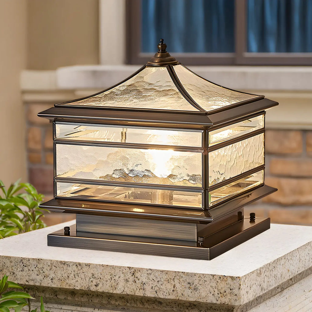 Brass Square Metal Glass Palace-Shape Wired Post Cap Light