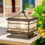 Brass Square Metal Glass Palace-Shape Wired Post Cap Light