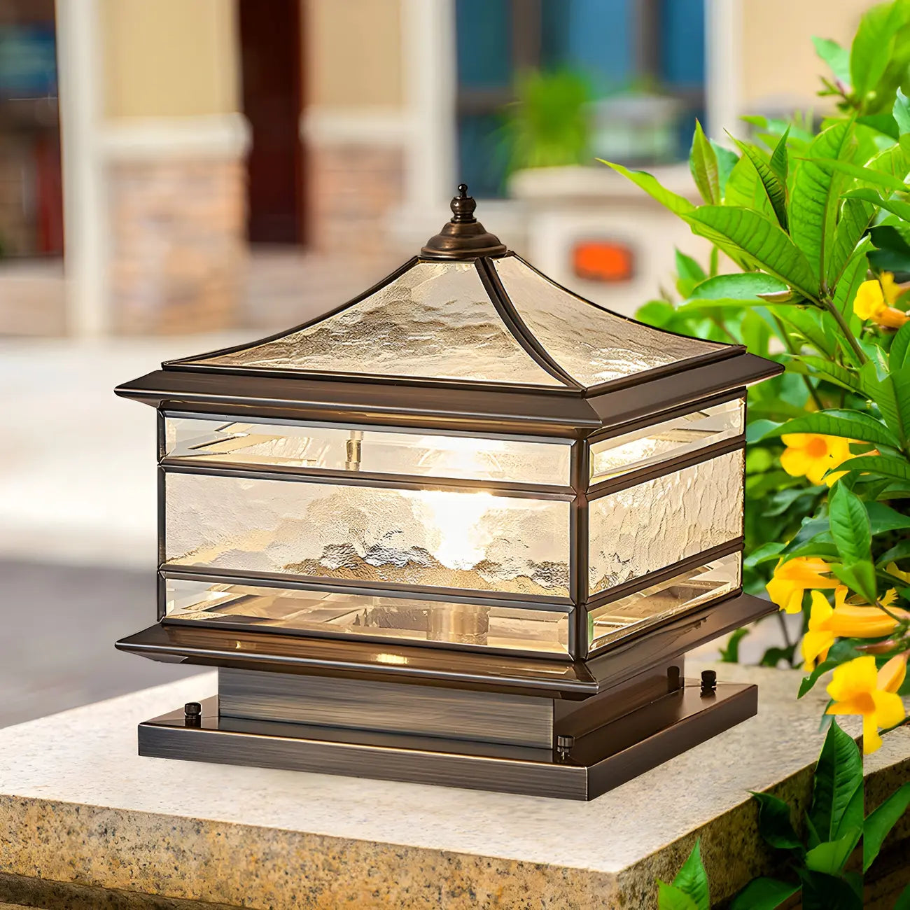 Brass Square Metal Glass Palace-Shape Wired Post Cap Light