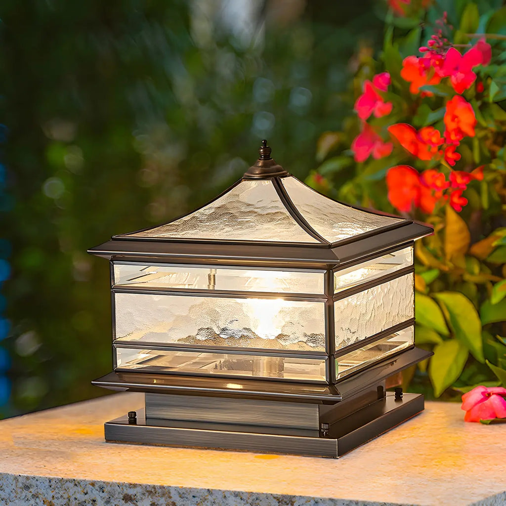 Brass Square Metal Glass Palace-Shape Wired Post Cap Light
