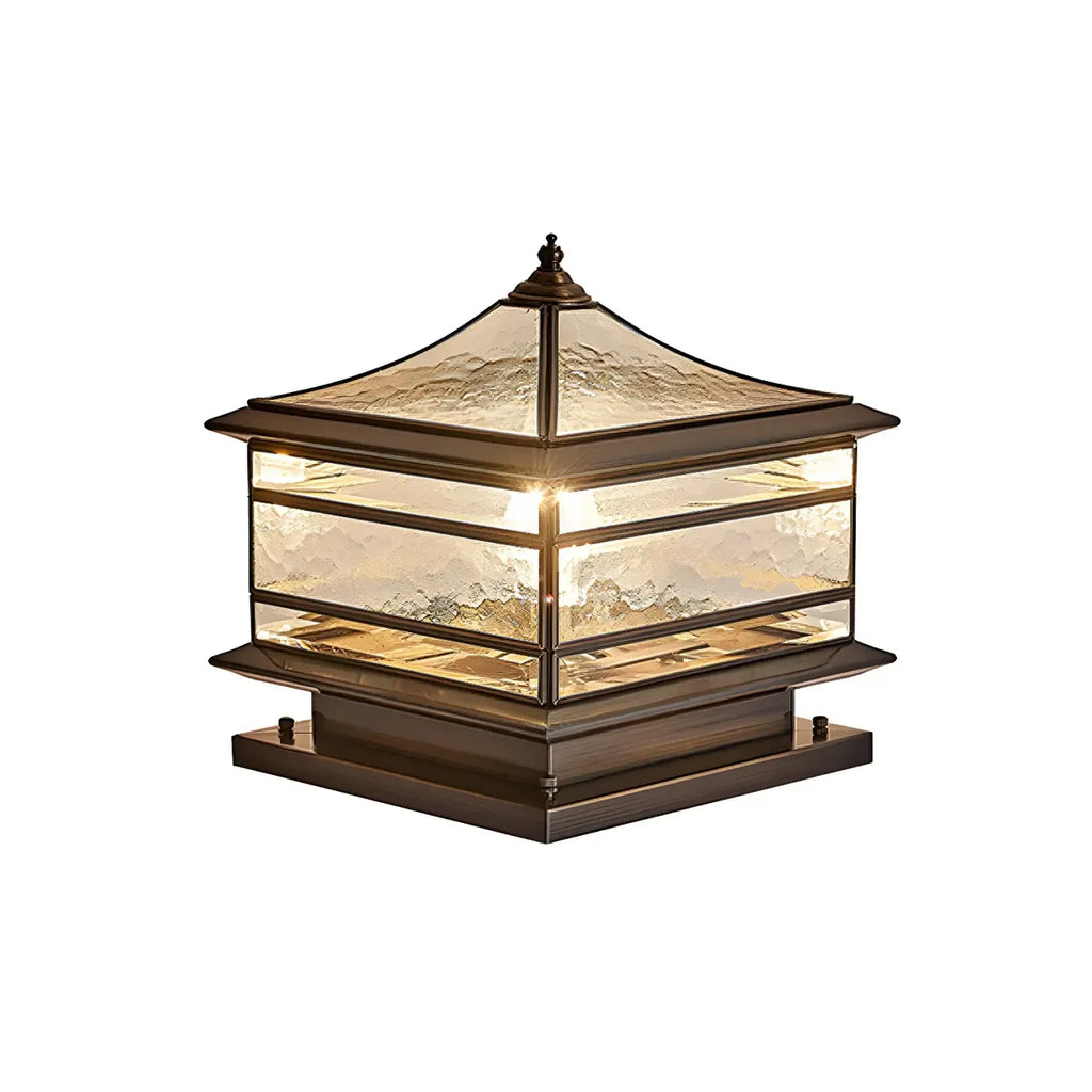 Brass Square Metal Glass Palace-Shape Wired Post Cap Light
