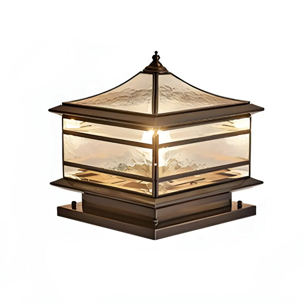Brass Square Metal Glass Palace-Shape Wired Post Cap Light